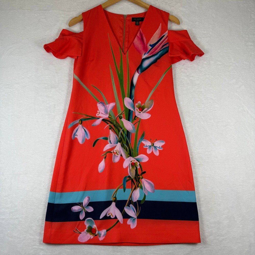 Ted Baker Orange Floral Cold Shoulder Shift Dress Bird of Paradise Size 1 GD7E